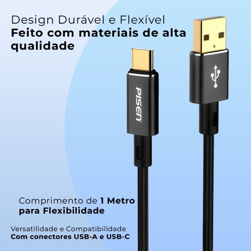 Cabo Usb A para Usb C Pisen Macho/Macho 1 Metro Preto