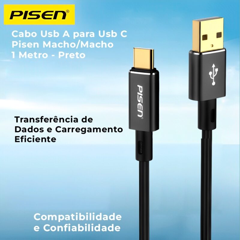 Cabo Usb A para Usb C Pisen Macho/Macho 1 Metro Preto