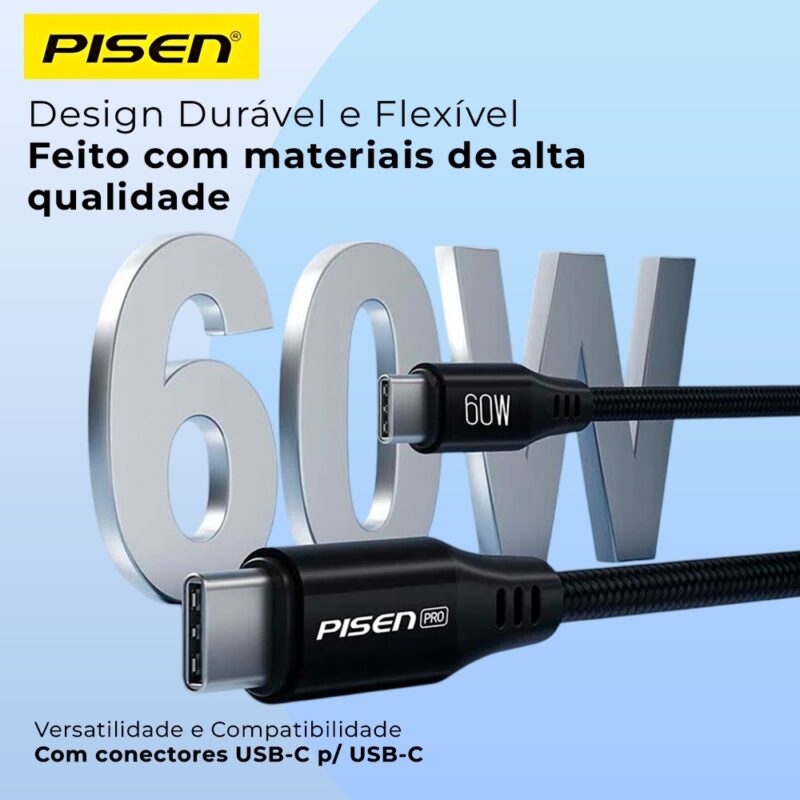 Cabo Usb C Pisen Dados 480Mbs Macho/Macho 1Metro Preto