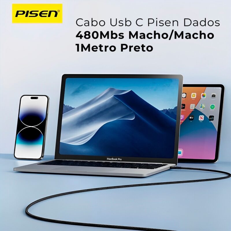 Cabo Usb C Pisen Dados 480Mbs Macho/Macho 1Metro Preto