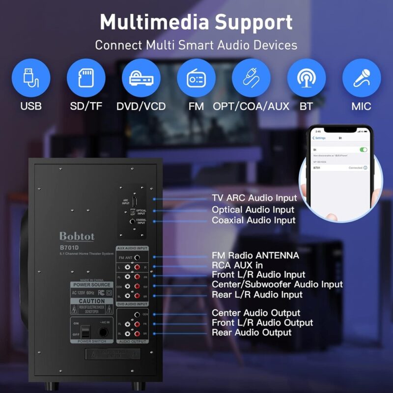 Sistema de Som Surround Bobtot 5.1 Home Theater Preto