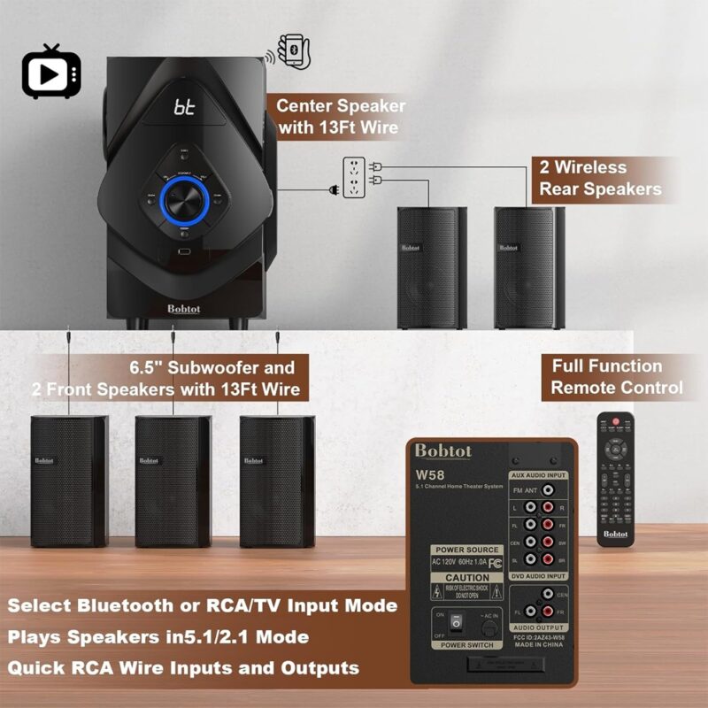 Sistema de Som Surround Bobtot 5.1 Home Theater Preto