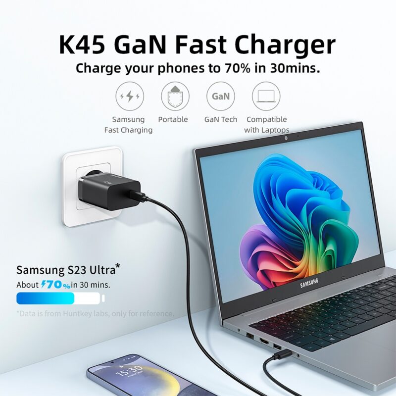 Carregador Usb C Huntkey K45 Máx 45W + Cabo 1.8M Preto