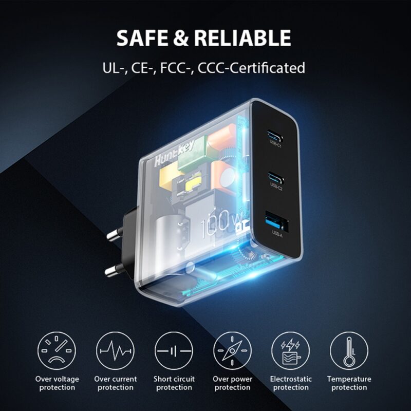 Carregador Usb A/C Huntkey 3 em 1 100W + Cabo UsbC Preto