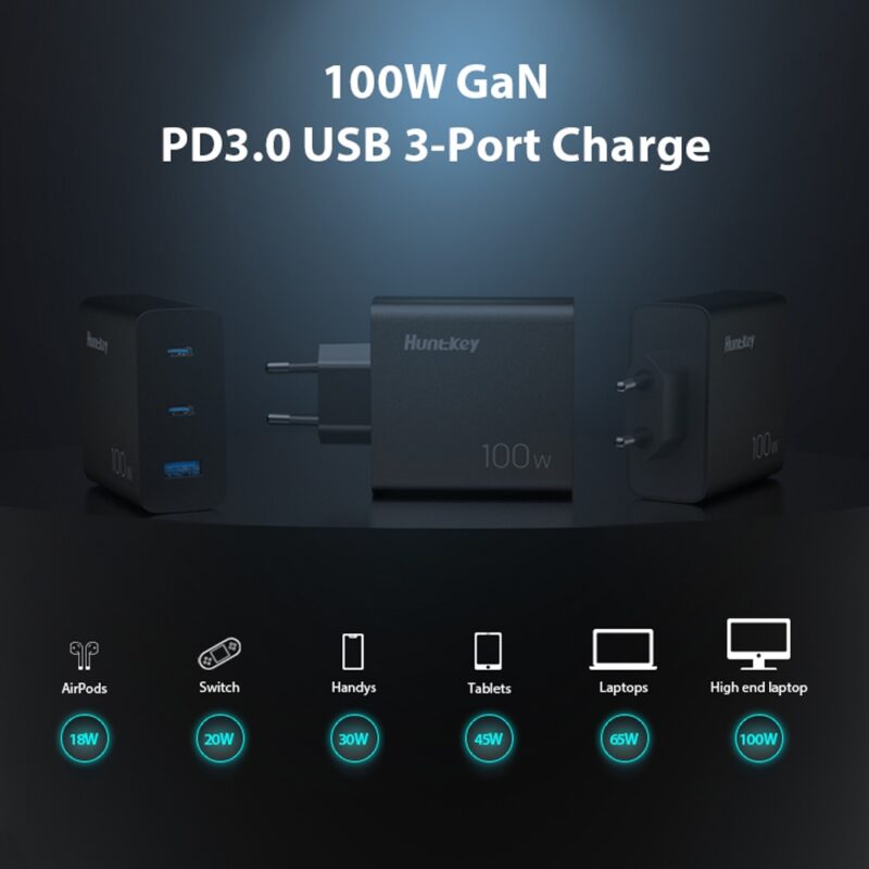 Carregador Usb A/C Huntkey 3 em 1 100W + Cabo UsbC Preto