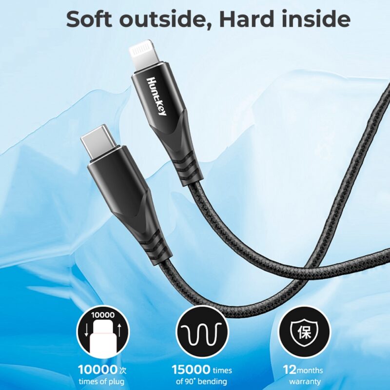 Cabo Usb C para Lightning Huntkey Macho/Macho 1.5M Preto