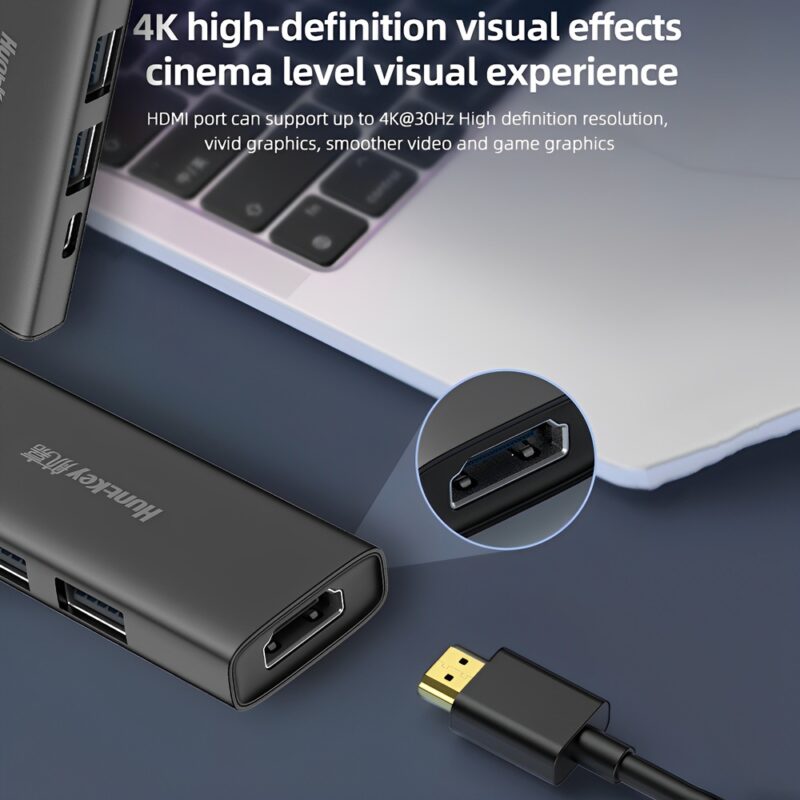 Hub Usb C Huntkey 6 in 1 Pd 100W Hdmi4k/30Hz Preto