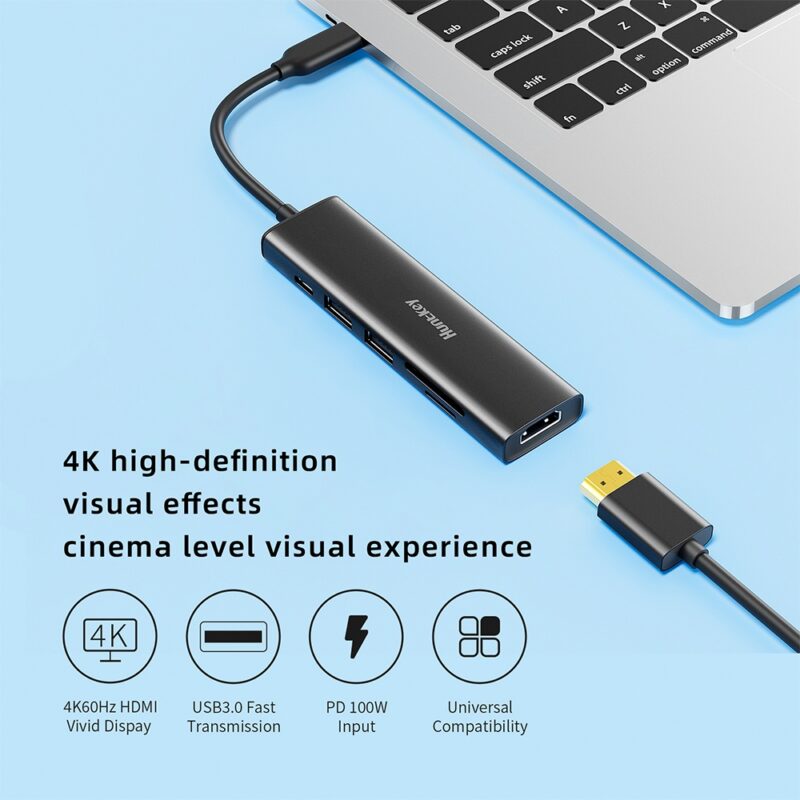 Hub Usb C Huntkey 6 in 1 Pd 100W Hdmi4k/60Hz Preto