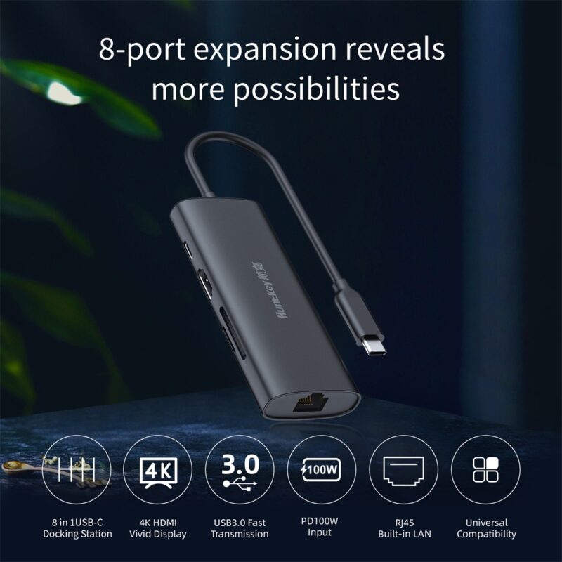Hub Usb C Huntkey 8 in 1 Pd 100W Hdmi 4k/30Hz Preto