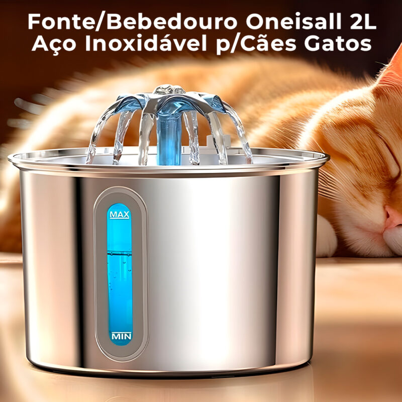 Fonte/Bebedouro Oneisall 2L Aço Inoxidável p/Cães Gatos