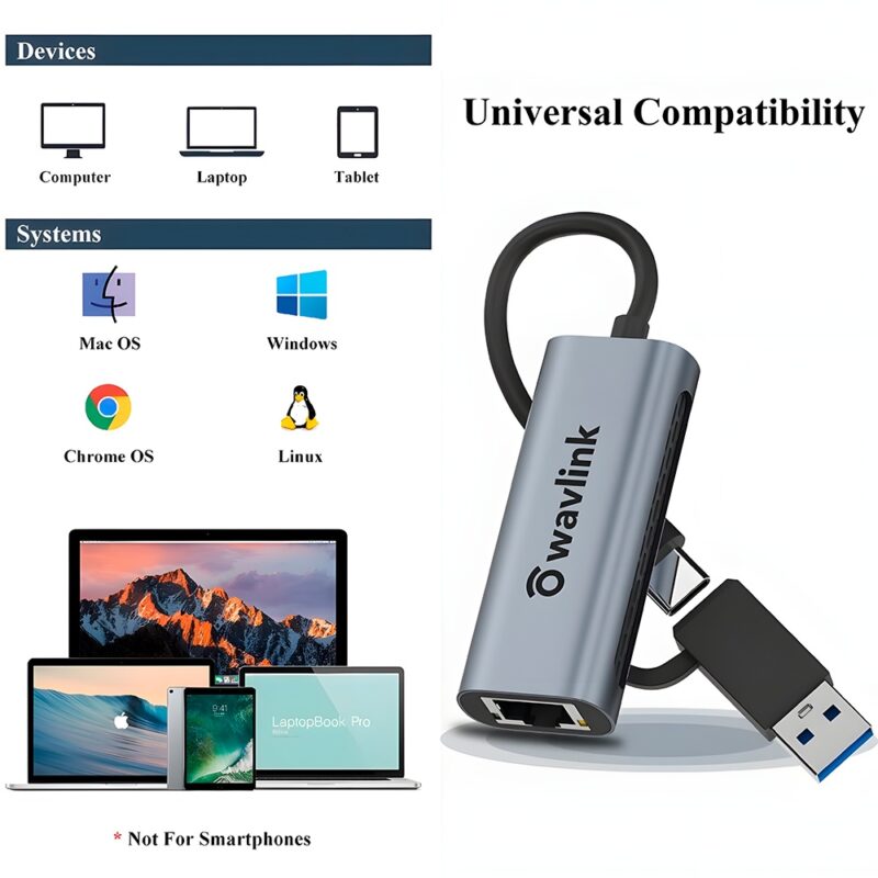 Adaptador de Rede Wavlink Usb A/C pra Rj45 2.5Gbps Preto