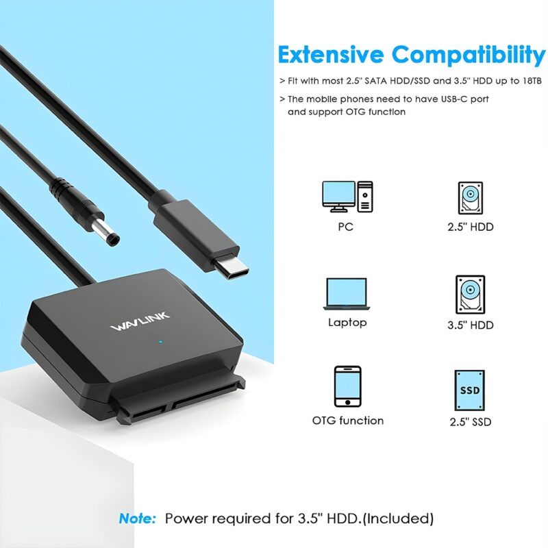 Adaptador Usb C para Sata Wavlink Ssd/Hdd 2.5/3.5 Preto
