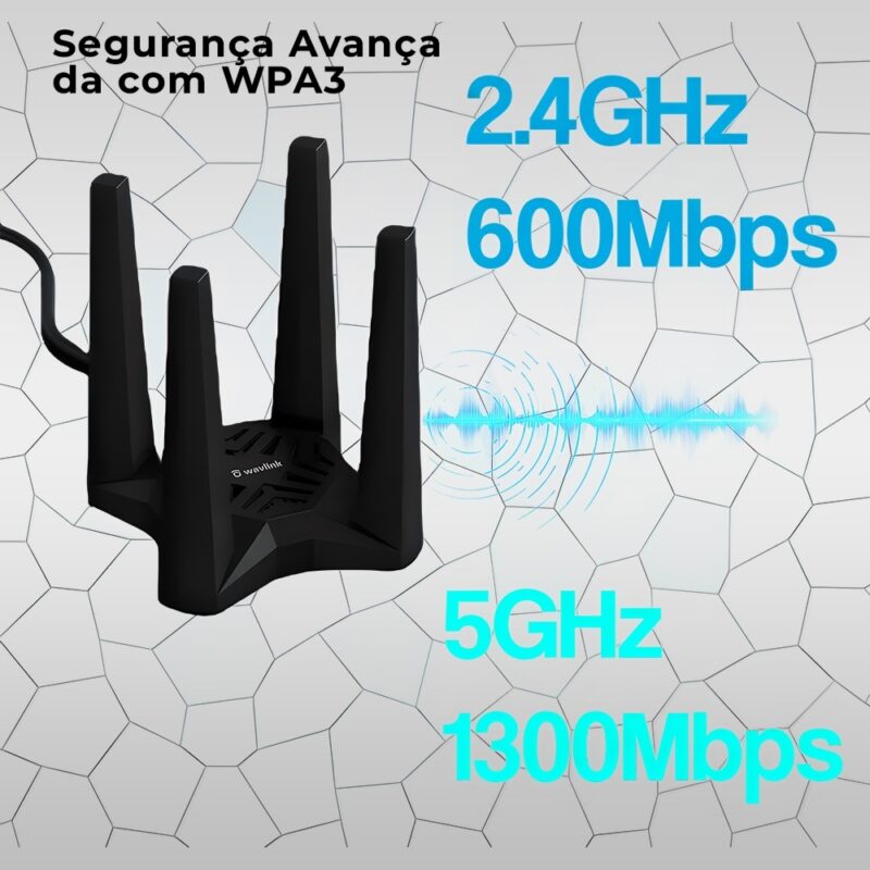 Adaptador Usb A WiFi Wavlink Ac1900 Banda Dupla Pc Preto
