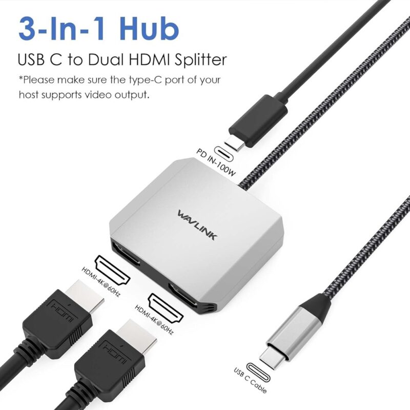 Conversor Usb C Wavlink para Duplo Hdmi 4K/60Hz Pd 87W