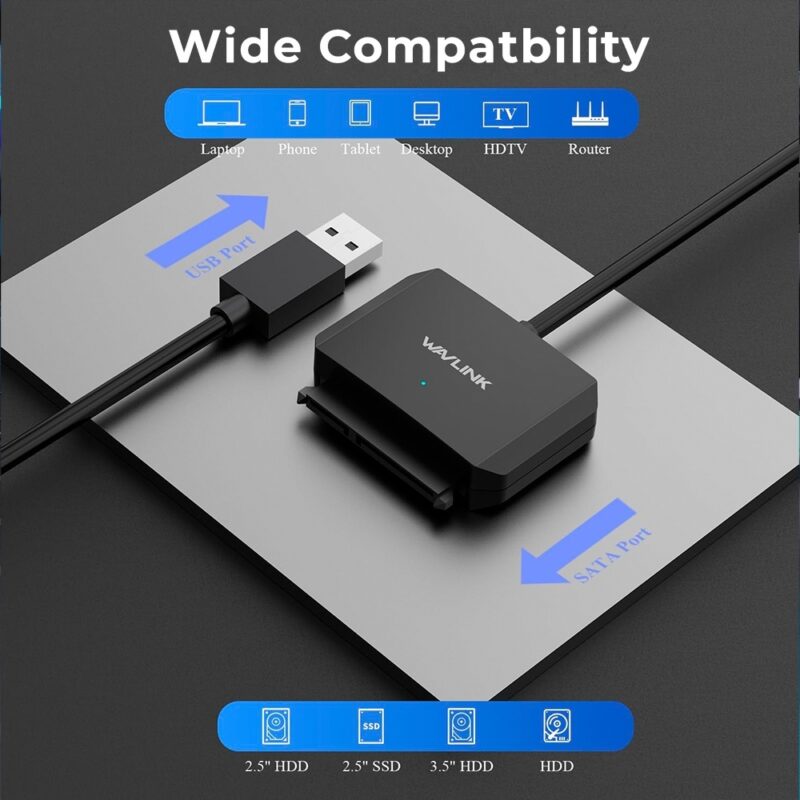 Cabo Disco Rígido Externo Wavlink Sata para Usb A Preto