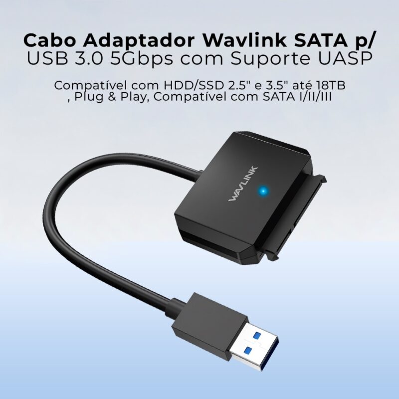 Cabo Disco Rígido Externo Wavlink Sata para Usb A Preto
