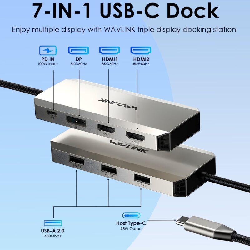 Hub Usb C Wavlink 7 em 1 Docking Station 4K/60Hz PD 100W
