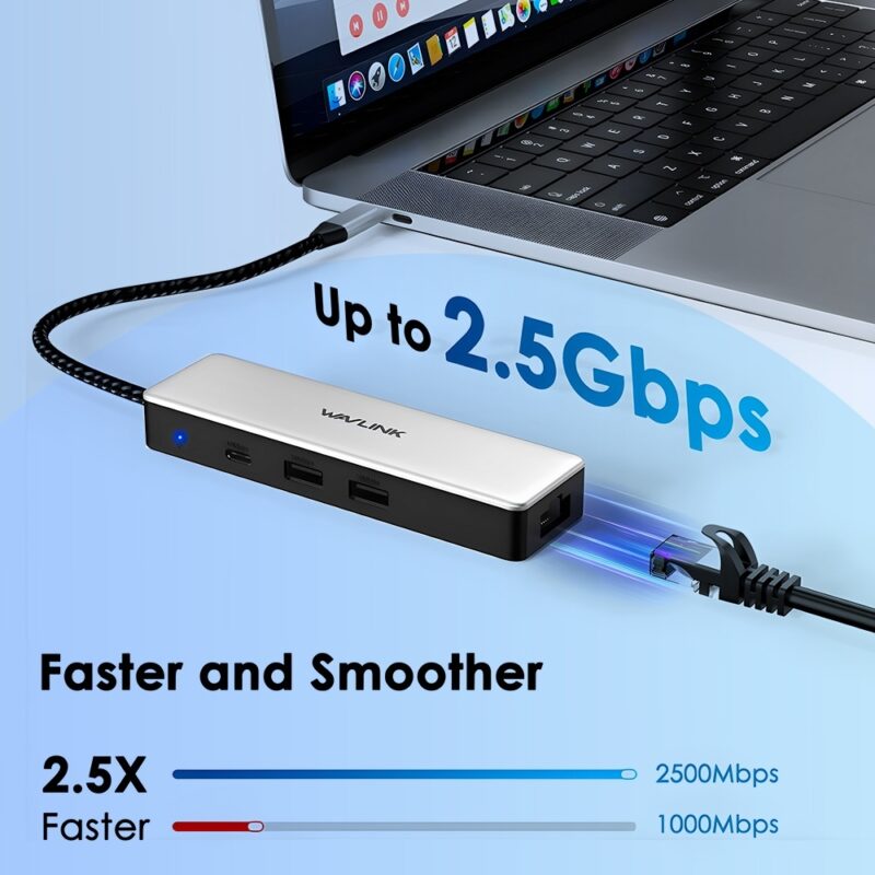 Hub Usb C Wavlink Para Rj45 Ethernet Fêmea 2.5Gbps Prata