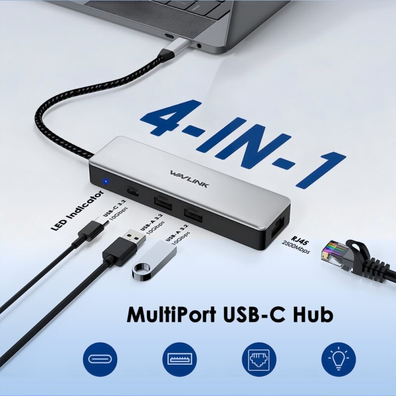 Hub Usb C Wavlink Para Rj45 Ethernet Fêmea 2.5Gbps Prata