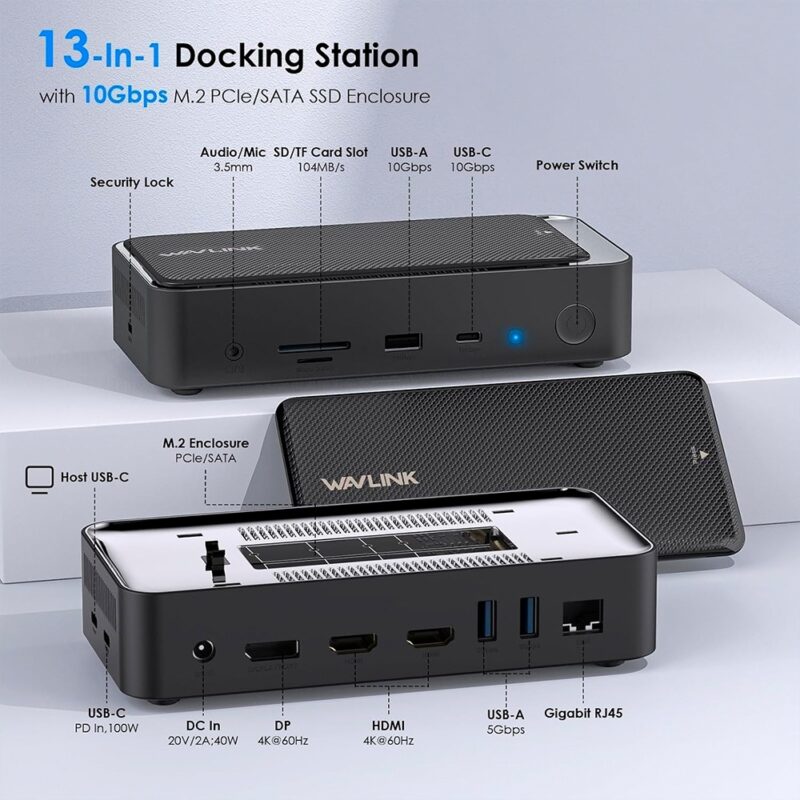 Hub Estação Acoplamento Usb C Wavlink 13in1 4k60Hz Preto