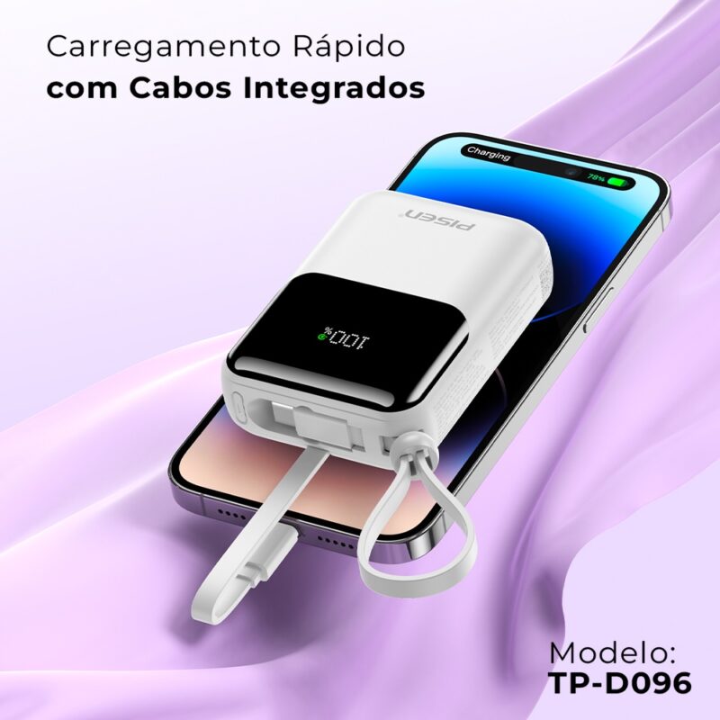 Power Bank 10000mAh Pisen Cabos Usb C/Ios 22.5W Branca