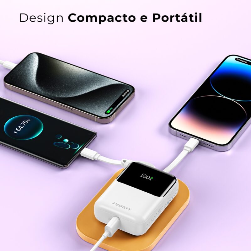 Power Bank 10000mAh Pisen Cabos Usb C/Ios 22.5W Branca