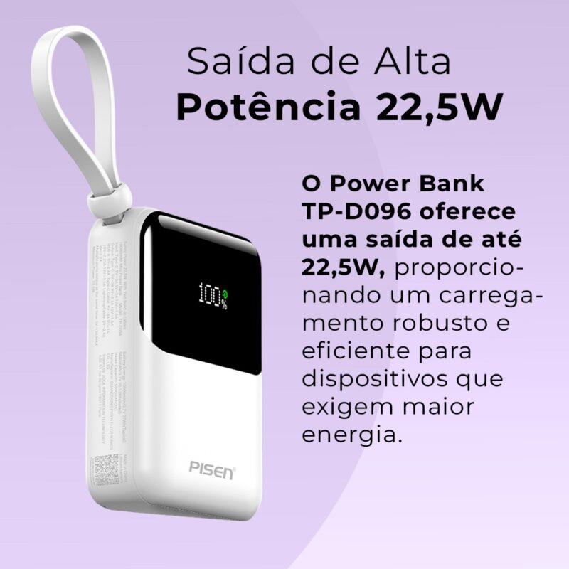 Power Bank 10000mAh Pisen Cabos Usb C/Ios 22.5W Branca
