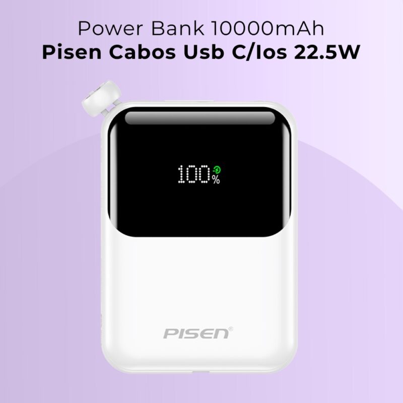 Power Bank 10000mAh Pisen Cabos Usb C/Ios 22.5W Branca