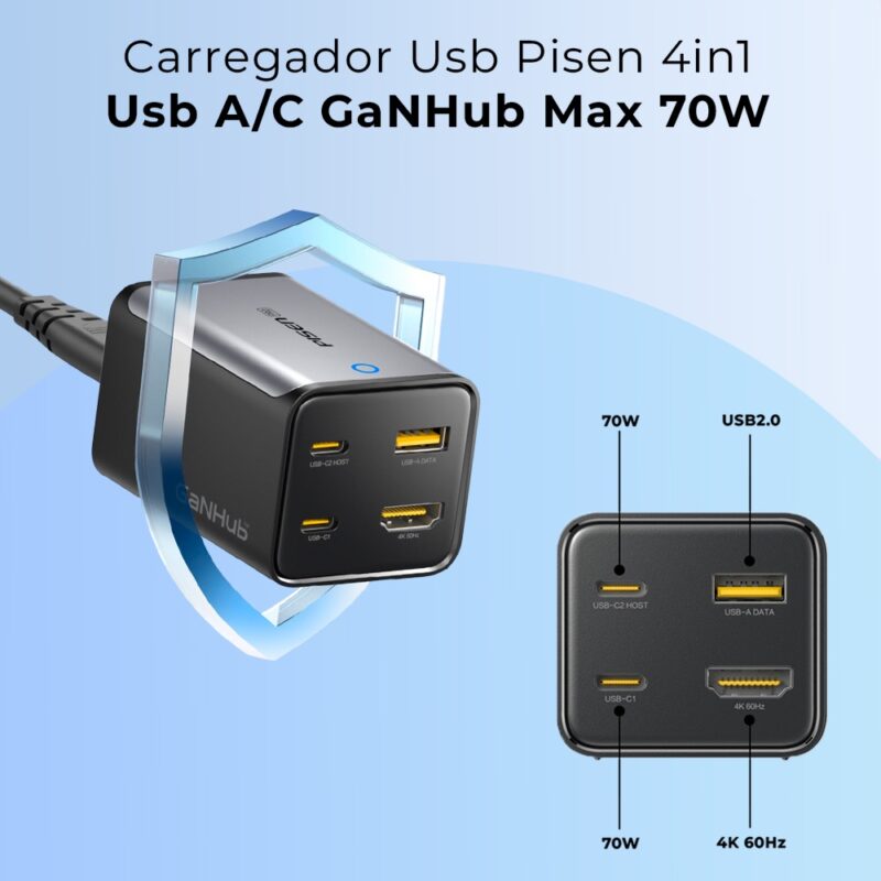 Carregador Usb Pisen 4in1 Usb A/C GaNHub Max 70W Branco