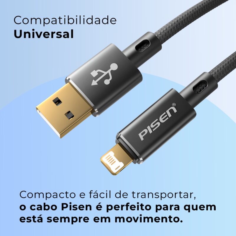 Cabo USB A para Lightning Pisen Macho/Macho 1Metro Preto