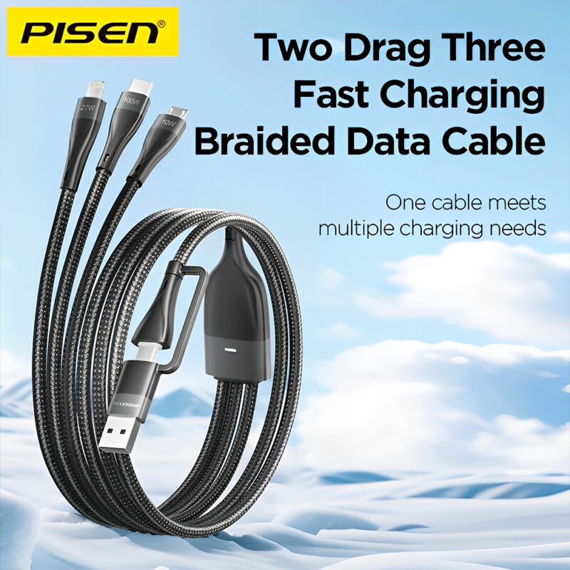 Cabo Usb Pisen 3 in 1 Usb A/C/V8 e Lightning 1.2M Preto