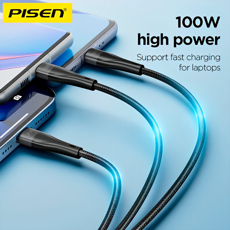 Cabo Usb Pisen 3 in 1 Usb A/C/V8 e Lightning 1.2M Preto
