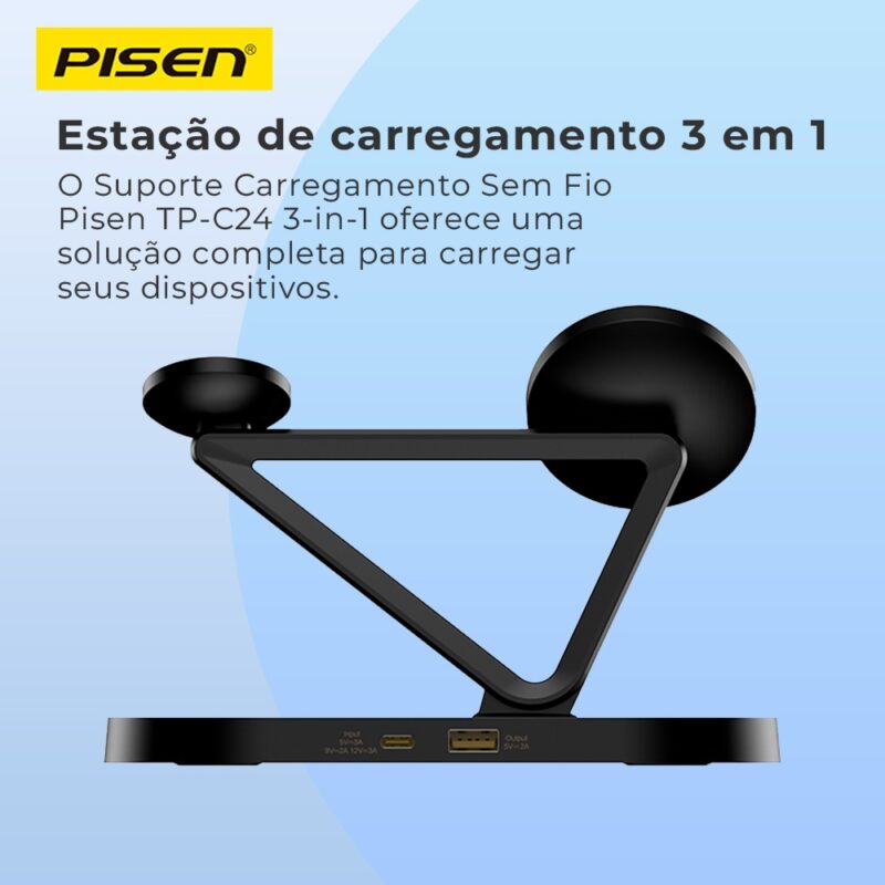 Suporte Carregamento Sem Fio Pisen TP-C24 3-in-1 Preto