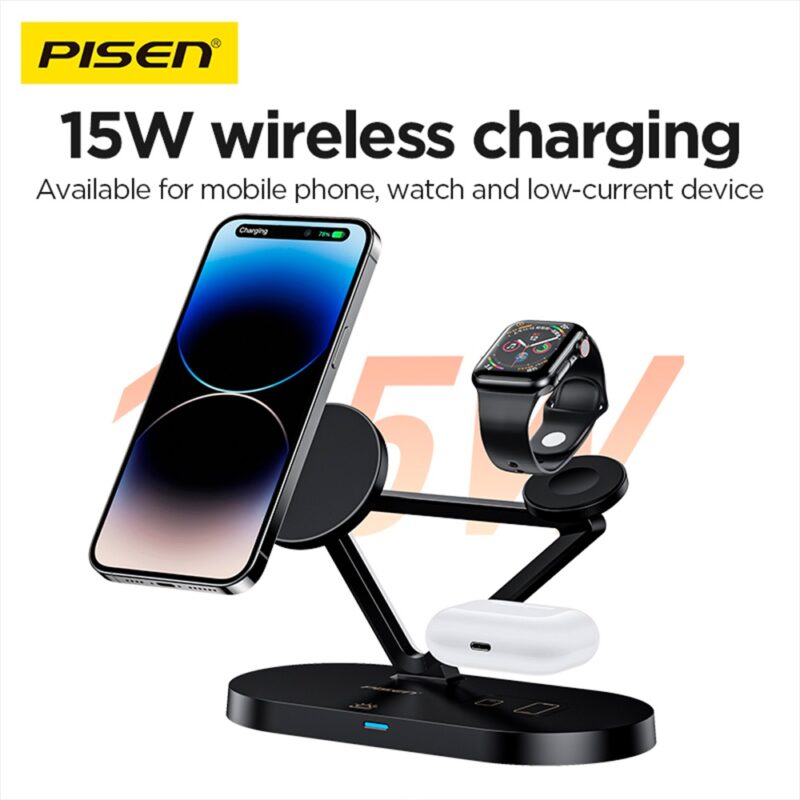 Suporte Carregamento Sem Fio Pisen TP-C24 3-in-1 Preto