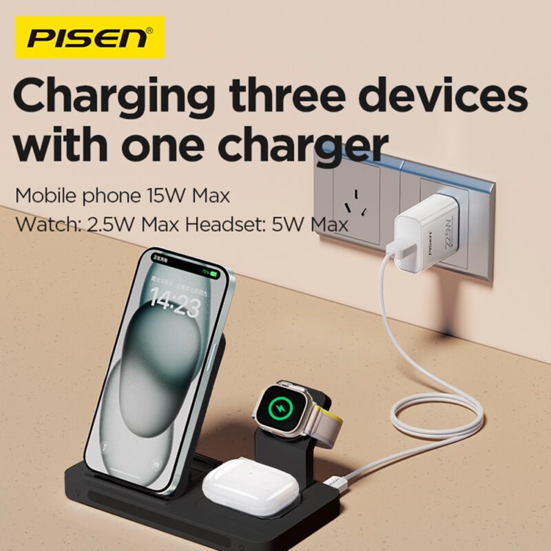 Carregador Sem Fio Qi Pisen 3 em 1 MagSafe pra Ios Preto
