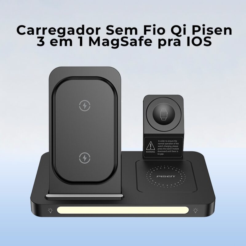Carregador Sem Fio Qi Pisen 3 em 1 MagSafe pra Ios Preto