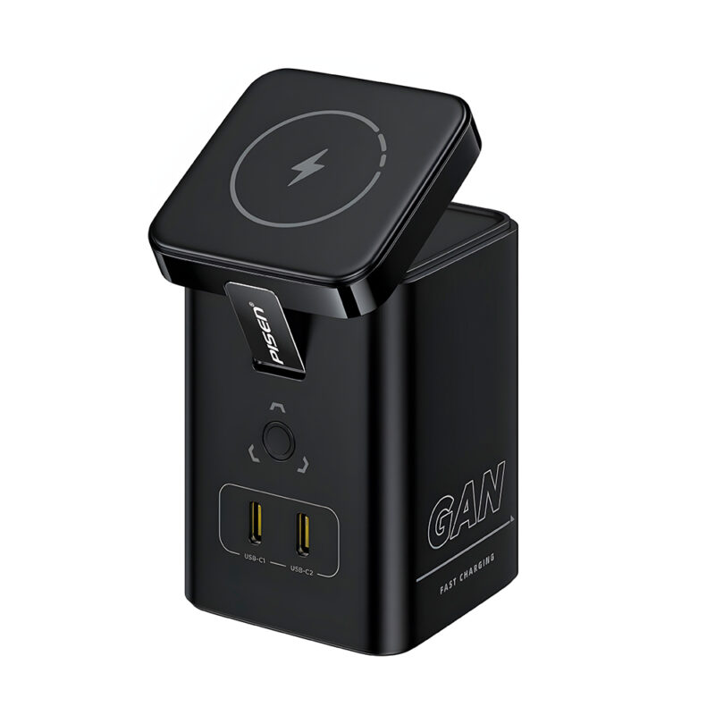 Carregador de Mesa Pisen Tpc25 Sem Fio e Usb C 45W Preto