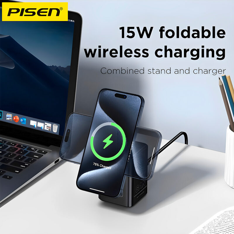 Carregador de Mesa Pisen Tpc25 Sem Fio e Usb C 45W Preto