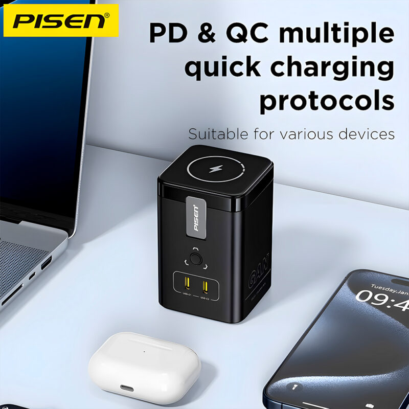 Carregador de Mesa Pisen Tpc25 Sem Fio e Usb C 45W Preto