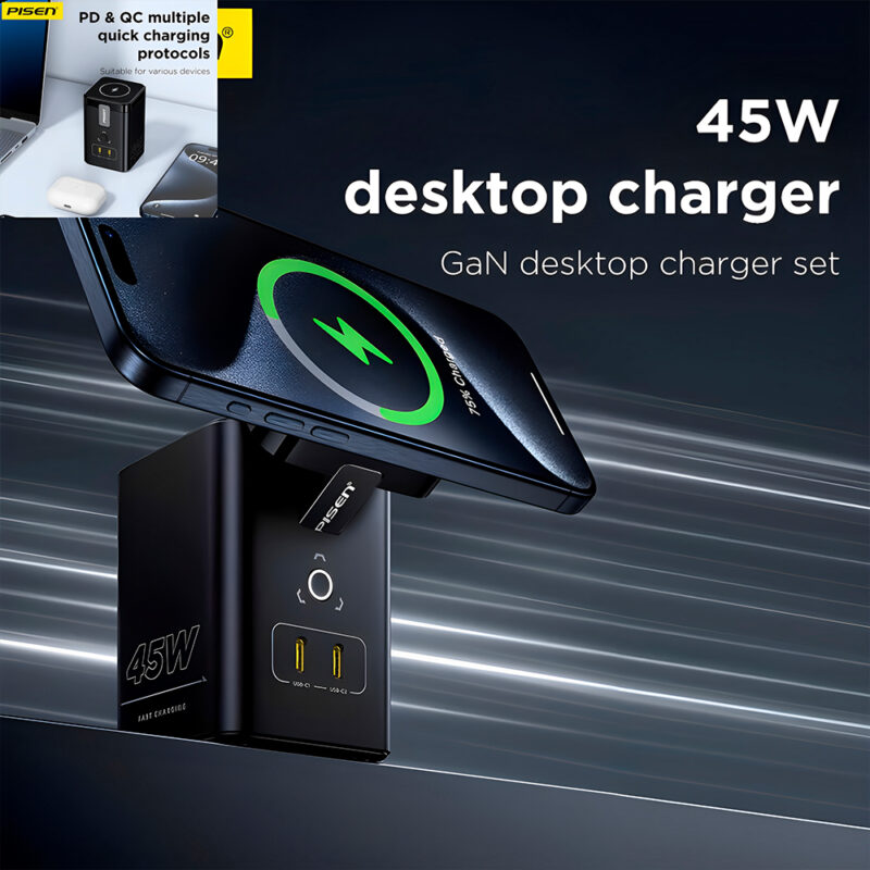 Carregador de Mesa Pisen Tpc25 Sem Fio e Usb C 45W Preto