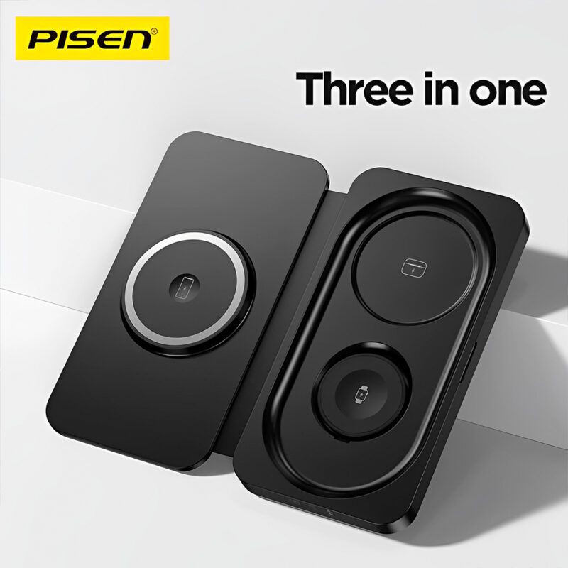 Carregador Magnético Pisen 3 in 1 Portátil Sem Fio Preto