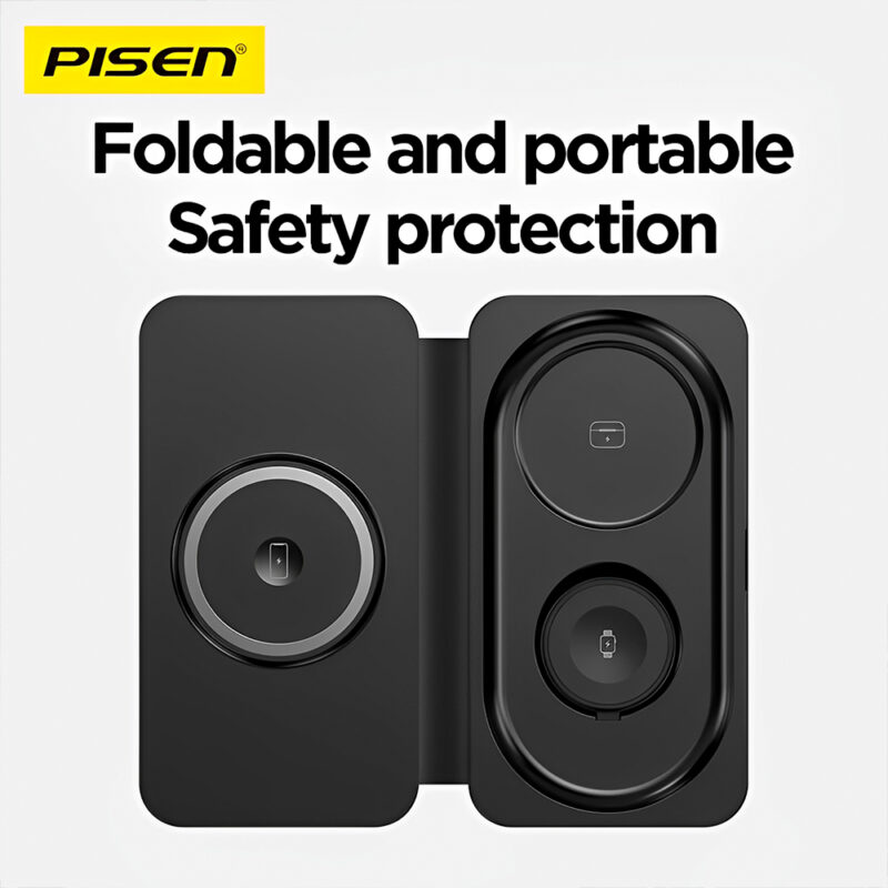 Carregador Magnético Pisen 3 in 1 Portátil Sem Fio Preto