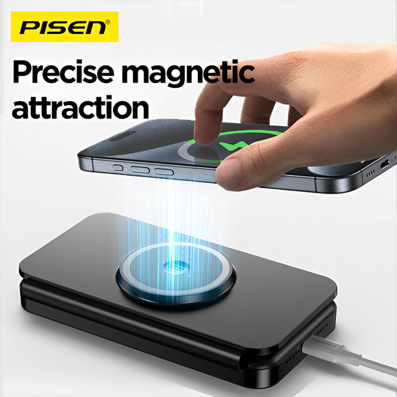 Carregador Magnético Pisen 3 in 1 Portátil Sem Fio Preto