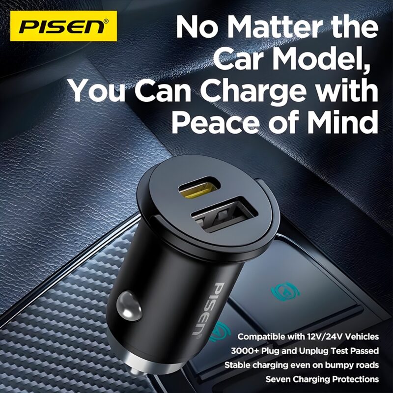 Carregador Usb A/C Pisen Máx. 20W Mini para Carro Preto