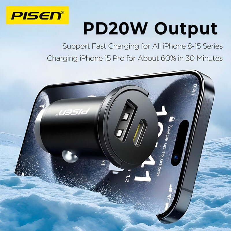 Carregador Carro Pisen TP-C77 Usb-C/A 20W + Cabo Preto