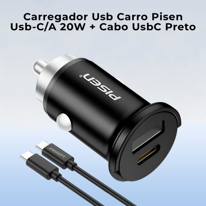 Carregador Carro Pisen TP-C77 Usb-C/A 20W + Cabo Preto