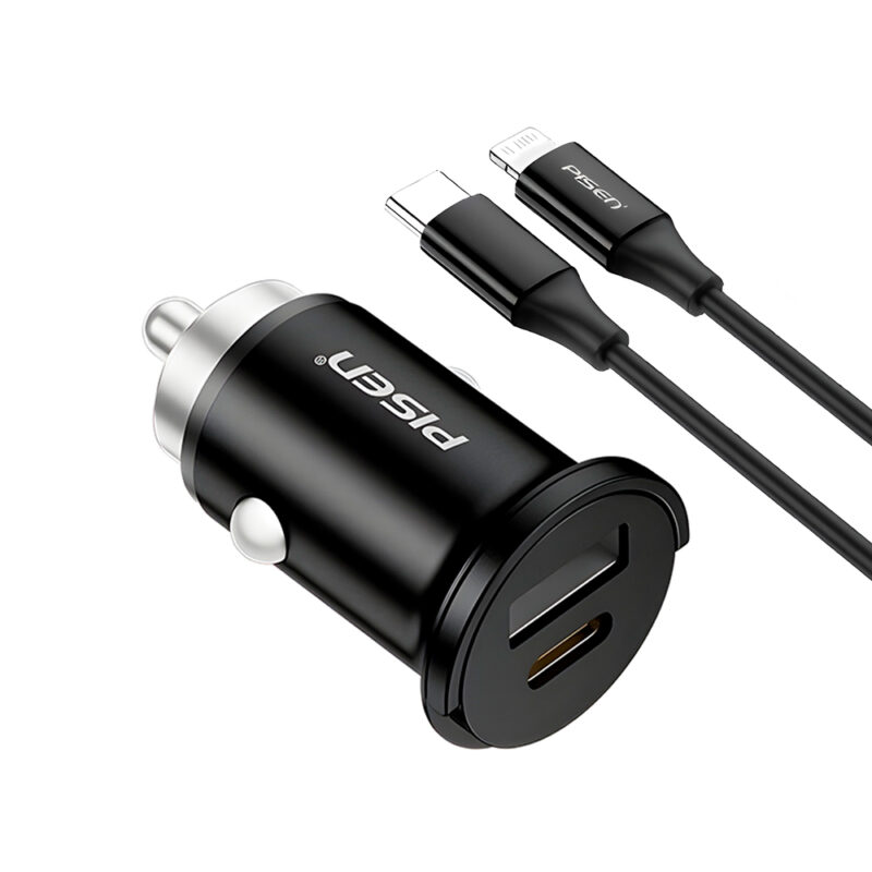 Carregador Usb-C/A p/Carro Pisen TP-C77 20W + Cabo Preto