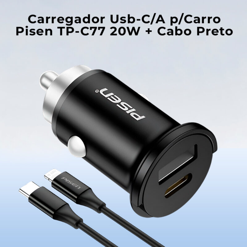 Carregador Usb-C/A p/Carro Pisen TP-C77 20W + Cabo Preto