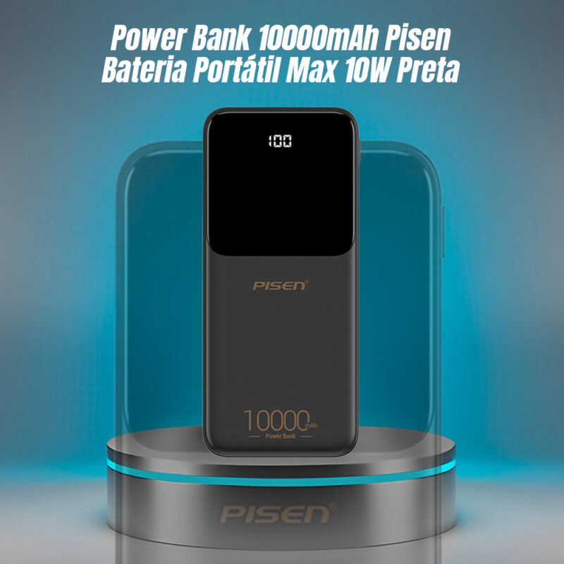 Power Bank 10000mAh Pisen Bateria Portátil Max 10W Preta