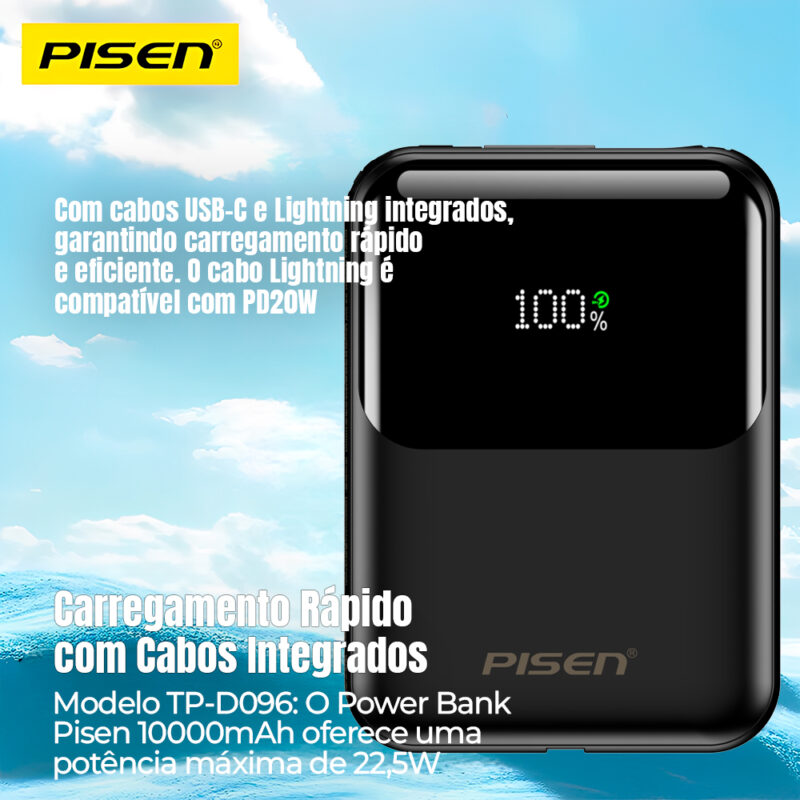 Power Bank Bateria Portátil Pisen 10000mAh 22.5W Preta